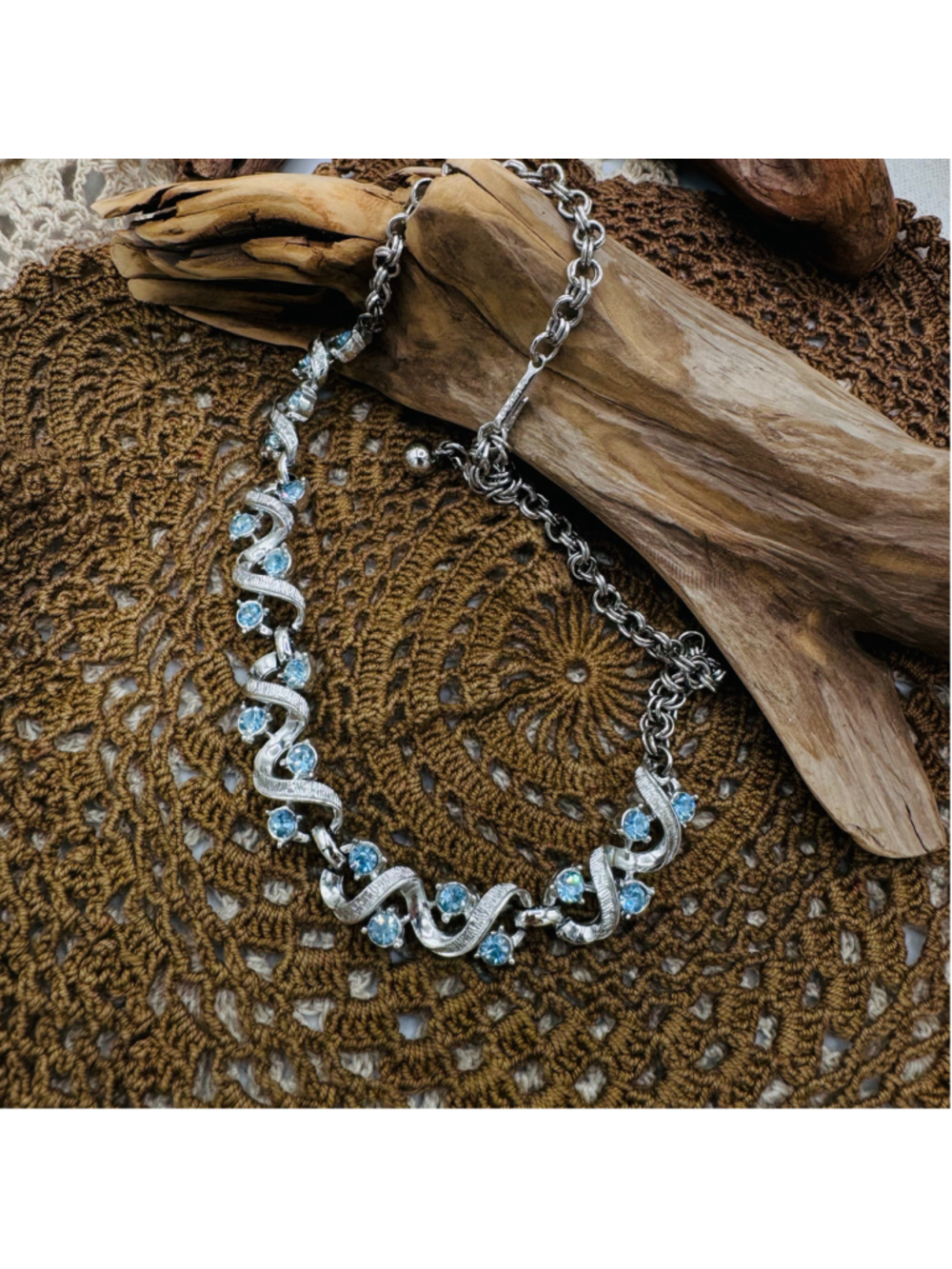 Coro Vintage Silver Tone Blue Rhinestone Swirl Statement Necklace - Picture 4 of 5